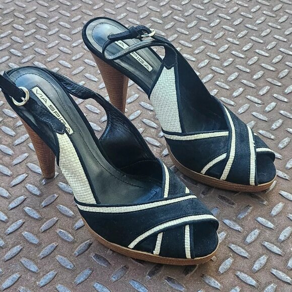 Via Spiga Ladies Sandal Heel Black/White Faux Suede Upper Shoes Brazil Size 9.5 - Picture 4 of 12